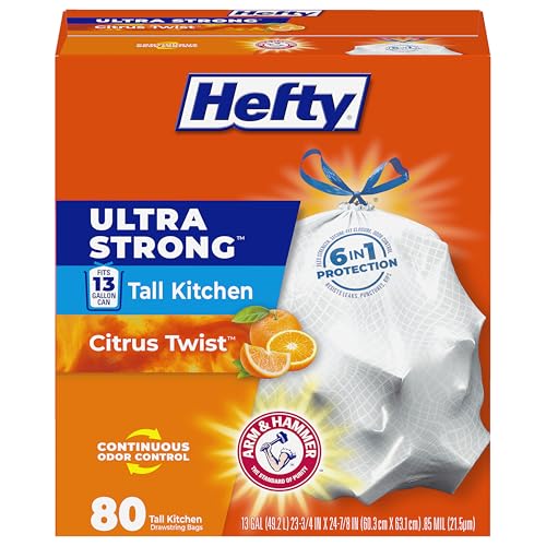 Image of Hefty Ultra Strong 13 Gallon Trash Bags, Tall Kitchen Trash Bags 13 Gallon Size, Drawstring Closure, Continuous Odor Control, White, Citrus Twist Scent, 80 Bags