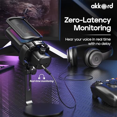 Image of Akkord USB Condenser Microphone, Cardioid Polar Pattern, 192kHz /24Bit, Real-Time Monitoring, 40dB Sensitivity, 50Hz-16kHz Frequency Response, Plug Podcasting, Gaming, Streaming, Voice Recording