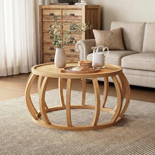 TRIBEWOOD Table Basse Ronde, Table Basse Bois Massif 80 cm, Table Centrale avec Base Incurvée pour Salon, Chambre, Style Ferme, Naturel