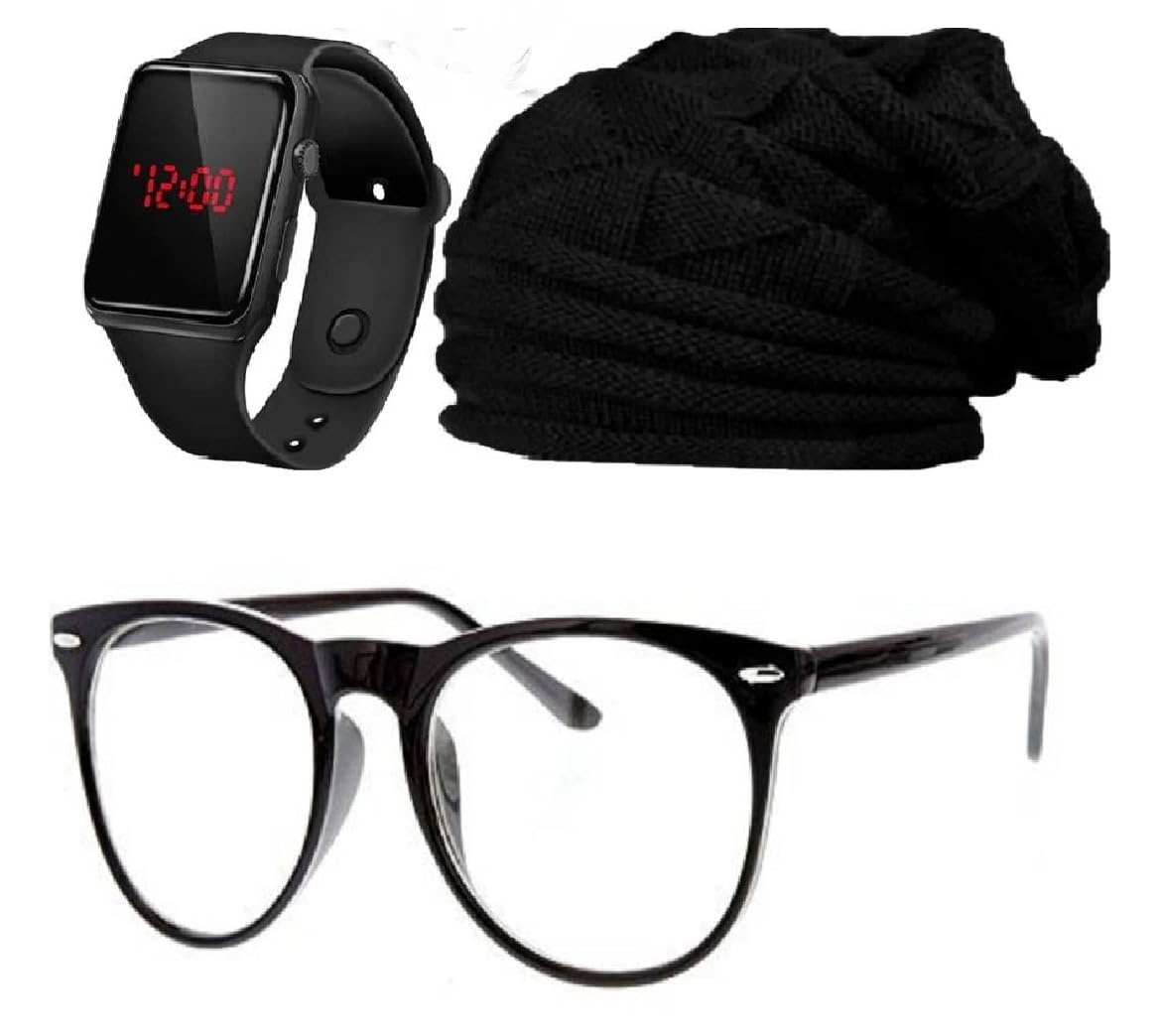 Giffemans Beanie/Skull Cap & Multi Function Digital Sports Watch UV Protected Black Clear Sunglasses Combo for Winters with Hedging Hat Scarf Set |Air Proof Cap Woolen Cap for Men, Women, Kids-image-28