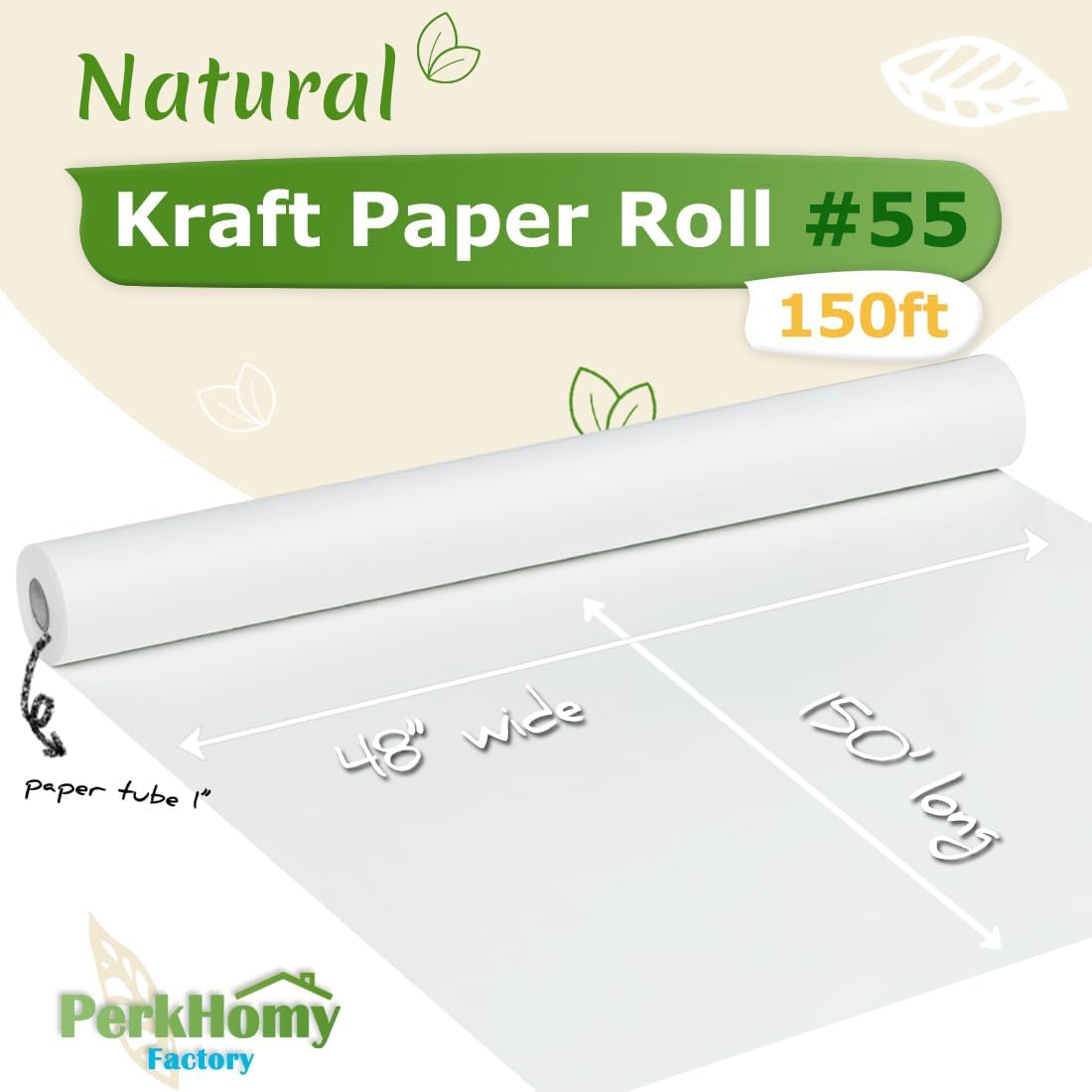 PerkHomy White Kraft Paper Roll 48" x 1,800" (150') for Gift Wrapping Bouquet Flower Art Painting Craft Writing Packaging Shipping 80GSM 55LB (White, 48" x 150') White 48" x 150'