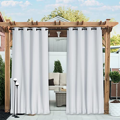 NICETOWN 2 Panels Outdoor Curtains for Patio Waterproof Extra Long 120", Windproof Thermal Insulated Top & Bottom Grommet & Back Tab Blackout Porch Drapes with Rope for Fixed, Greyish White,