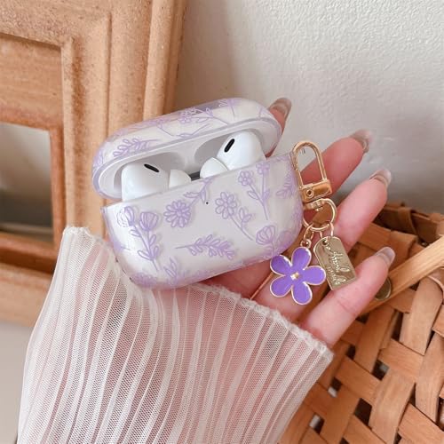 Image of MINSCOSE Compatible with AirPods Pro2 Clear Case,Cute Flower Floral Aesthetic Design with Flowers Keychain, Soft TPU Protective Shockproof Case for Women Girl for Airpods Pro2-Purple