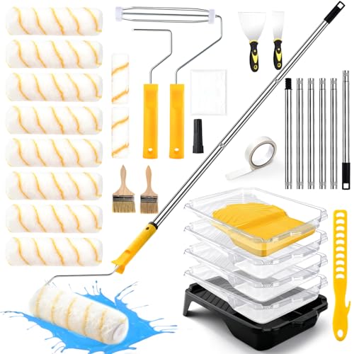 Kit de peinture professionnel 30 pièces – Set de rouleaux à peinture avec tige télescopique 33-180cm, bac à peinture avec coussin et accessoires complets...