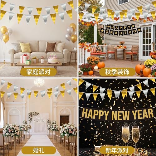 Image of 40M /130FT Gold Silver Triangle Pennant Banner Flag Metallic Fabric Bunting Garland for Christmas Wall Hanging,Graduation Decorations, New Years Decorations,Father' Da