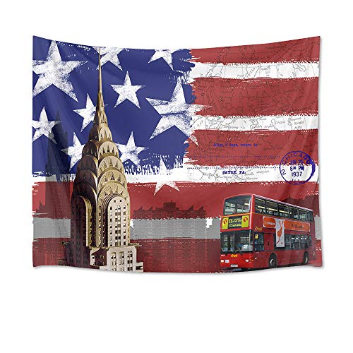 LB タペストリー おしゃれ 壁掛け 風景 アメリカ 国旗 レトロ 独立記念日(サイズ:150x100cm)建物 バス インテリア 多機能 ホーム装飾 部屋 窓 個性ギフト 布 ポスター