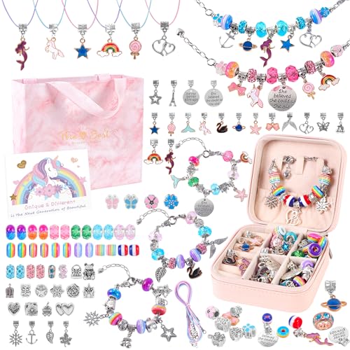 ELLENER Charm Bracelet Jewelry Making Kit - A Perfect Birthday Holiday Gift for Girls Age 6 7 8 9 10 with Portable Jewelry Box Cute & Sparkling to Inspire Creativity and Self-Expression Great Value