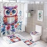 SOPIYRIO Owl Shower Curtain Sets with Toilet Lid Cover and Rugs, Cartoon Bird Bathroom Decor Set with Rug U Shape Mat, Waterproof Shower Curtain with 12 Hooks