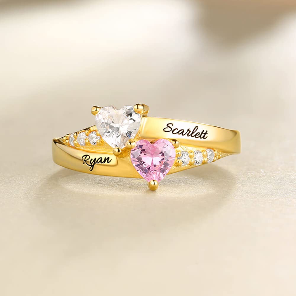 BYFDIY Anillo personalizado para madres con 1-8 piedras natales en forma de corazón de imitación y nombre grabado, anillos de promesa de plata de ley 925, joyería personalizada, anillo de compromiso