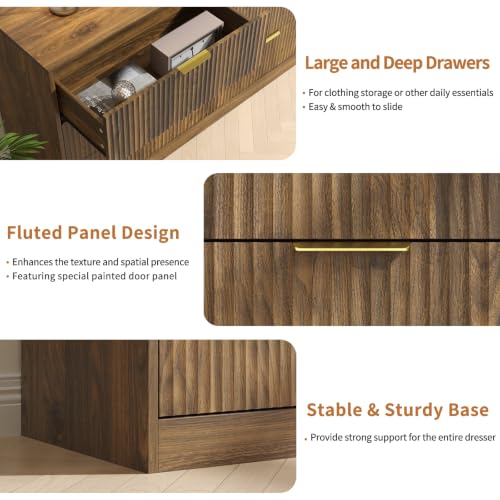 Image of Walnut Dresser for Bedroom, 6 Drawer Dresser with Smooth-Gliding Drawers