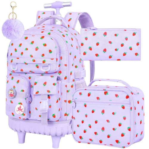 Image of CCJPX 3Pcs Rolling Backpack for Girls, Roller Wheeled School Bookbag, Strawberryra Wheels Backpacks with Lunch Box for Kids (Purple)
