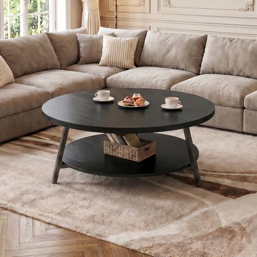 Image of Armocity 29.5 inch Round Wood Coffee Table with 2-Tier Storage, 1 inch Thick Top