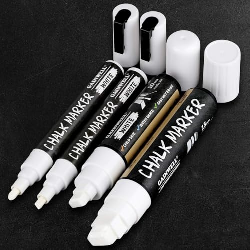 GAINWELL 4er Pack Weiße Kreidemarker - Reversible Jumbo- und Feinspitzen - 3mm, 6mm, 10mm, 15mm - Verwendung auf Kreidetafel, Whiteboard, Glas