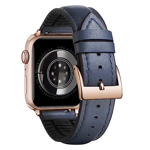 BINLUN Compatible with Apple Watch Bands Leather Soft Silicone Inner Hybrid Sweatproof 42mm 44mm 45mm 46mm 49mm Watch Strap for iWatch Ultra SE Series11/10/9/8/7/6/5/4/3/2/1(RoseGold Buckle,Deep Blue)