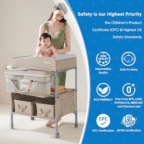 Image of Sweeby Portable Baby Changing Table, Foldable Diaper Changing Station with Waterproof Pad, Mobile Nursery Organizer for Infant & Newborn Essentials, Oat