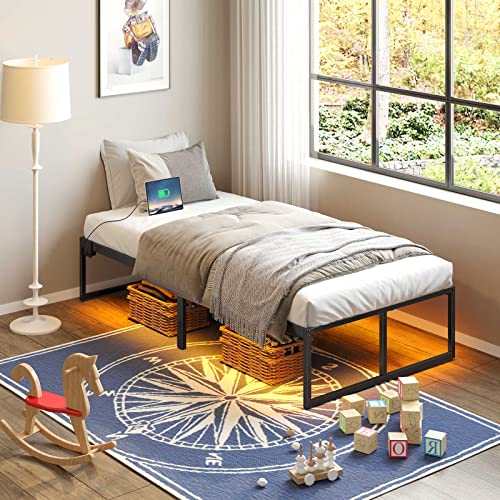 Rolanstar-Bed-Frame-with-Power-Outlets-Led-Lights-14-Inch-Metal-Platform-Bed-Frame-with-Heavy-Duty-Steel-Slat-Support-Storage-Space-Beneath-Bed-No-Box-Spring-Needed-Noise-Free-Black-Twin