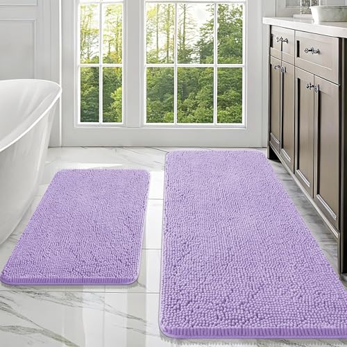 Image of OLANLY Bathroom Rugs Sets 2 Piece, Soft Absorbent Chenille Bath Mats Area Rug Set, Non-Slip, Quick Dry, Machine Washable Bath Mats for Bathroom, Home Decor Accessories (47 inchx20 inch+30 inchx20 inch, Lavender)