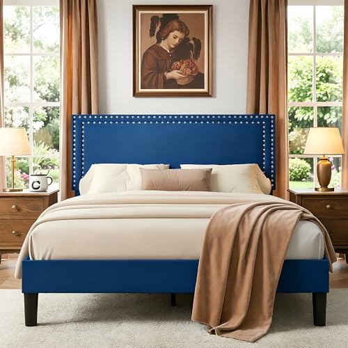 Image of VECELO Queen Size Platform Bed Frame with Height Adjustable Upholstered Headboard, Modern Mattress Foundation,Strong Wood Slat Support, No Box Spring Needed, Easy Assembly,Dark Blue