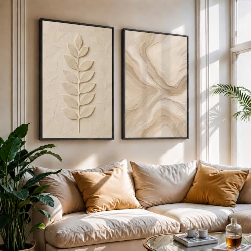 Image of NoWorries Minimal Leaf Wall Painting Set of 2 with Frame | Neutral Beige Botanical Leaf & Abstract Marble Texture Artwork, Modern Nature Wall Decor for Living Room, Bedroom, Office and Home Decoration (Art-14, 21x31inch)