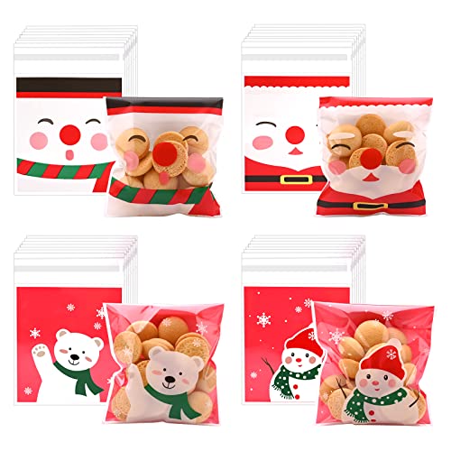 Bekecidi 400 Stück Cellophantüten Weihnachten, Kekstüten Weihnachten Süßigkeiten Tüten in 4 Stile, Zellophantüten Weihnachten mit Klebeverschluss für Schokolade, Bonbons, Plätzchen, Geschenk Cover