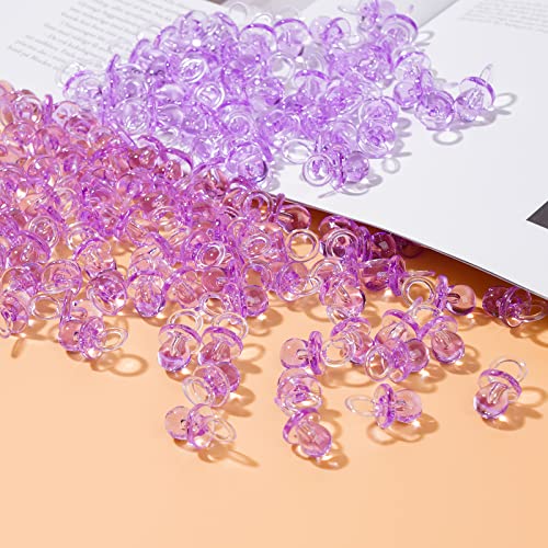 Image of XINHUIDALSQ 150 Mini Acrylic Pacifiers for Baby Shower Girl Game, 0.86 Inch Bulk Chupones para Gender Reveal Party Favors Table Decoration (Purple)