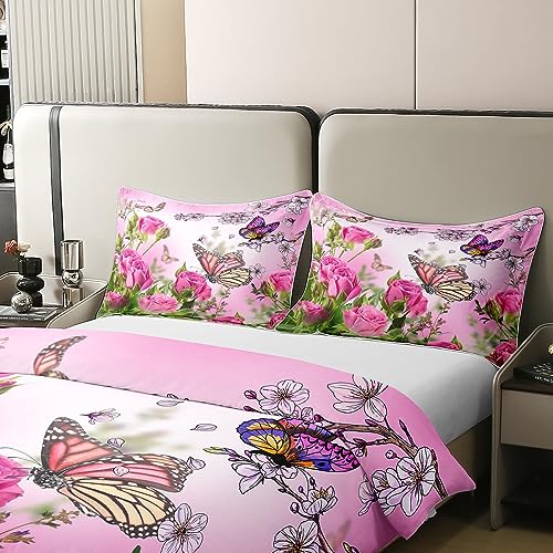 100% Cotton Rose Flowers Comforter Cover Butterfly Garden Bedding Sets for Girls Women Spring Floral Fresh Nature Duvet Cover Blooming Rose Pastel Bedspreads Cover with 2 Pillow Cases Double Colorful - Image 4