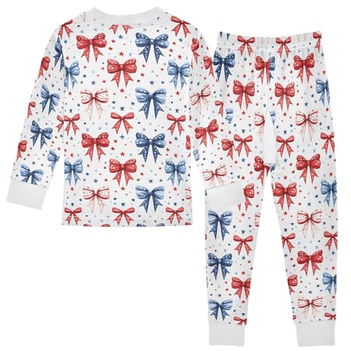 Cartoon Pajamas Set Bow with America Flag Stars Long Sleeve PJs Cotton Jammies Sleepwear Top and Pants Multicolor2