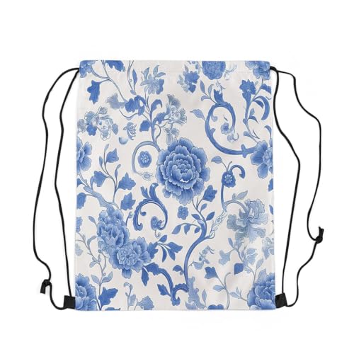 Feelyou Flower Drawstring Backpack 13"x15.7" Floral Botanical Gym String Bag Blossom Flowers Pattern Sports Drawstring Sackpack White Blue Rawstring Bags2
