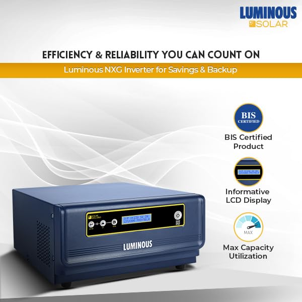 Luminous NXG 2350 Solar Inverter highlighting features like BIS certification, LCD display, and max capacity utilization