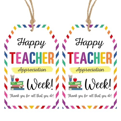 Anwyll Teacher Week Gift Tags - 50Pcs Happy Teacher Appreciation Week Tags with String Teachers Thank You Tag Personalized Thanks for All You Do Hang Paper Tag for Gift Present Treat Bag Party Favors