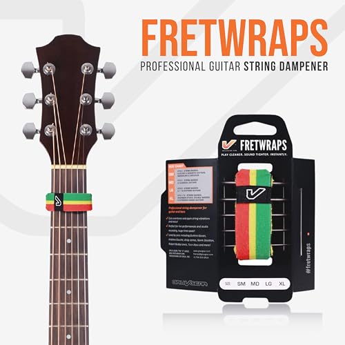 Image of Gruv Gear Fret Wrap & Guitar Mute, Fretwrap for Acoustic, Electric & Bass | String Dampener Recording, Tapping & Practice Accessory (1 Pack, Small Red /Yellow /Green, Fits 4 String Bass, 6 String
