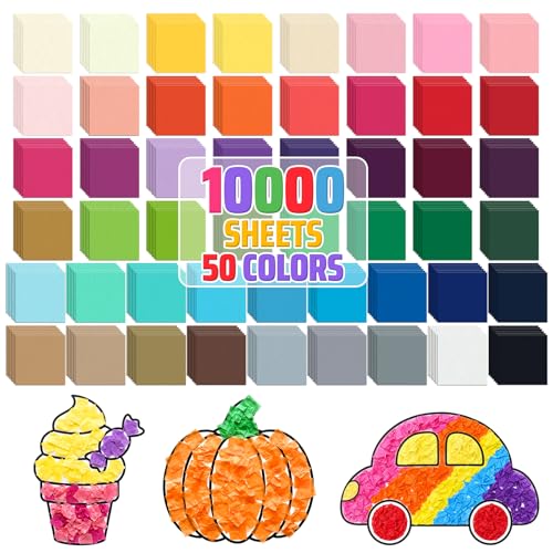 Simetufy 10000 Pcs 1 Inch Tissue Paper Squares 50 Assorted Colors Bulk Tissue Paper Confetti for Crafts Art Rainbow Collage Suncatchers Scrapbooking - Non Bleeding