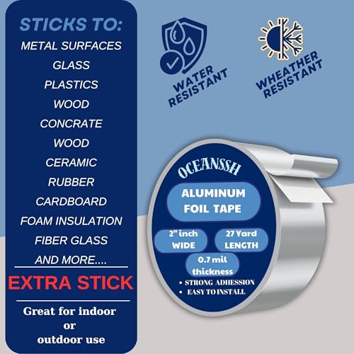 Image of Aluminum Tape - High Temp & Waterproof Foil Tape for Ductwork & Insulation, Strong Adhesive, Heavy Duty Silver Tape, 2 inch x 27 Yards, Ideal for Sealing & Repairs (0.7 mil)