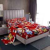 Homemissing Juego de sábanas con diseño de cascanueces rojo para niños, sábanas de guardia real con bolsillo profundo, sábana bajera ajustable con temática de Feliz Navidad, juego de funda de edredón