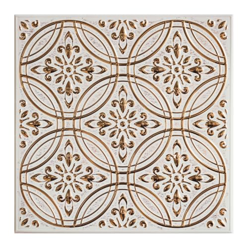 Wall Wear 10-Pack Peel and Stick Backsplash Tiles 8' x 8' Pastel Painted Gold Design,...