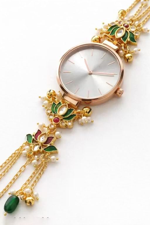Image of Women's Rose Gold Bracelet Watch with Green Enamel Floral Charm, Pearl Accents, Tassel Chain