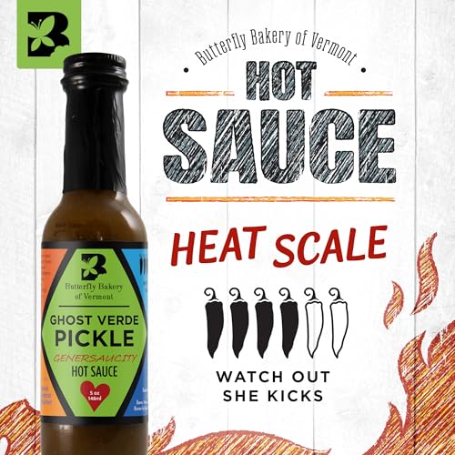 Image of Butterfly Bakery of Vermont - Ghost Verde Pickle Genersaucity Hot Sauce, Bold Medium-Hot Heat, Spicy Pickled Flavor - Vegan & Vegetarian - Made with Natural, Vermont-Grown Ingredients, 5 fl oz