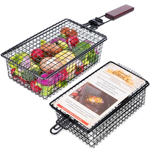 JUCT Non-Stick Deep Basket Grill Flip Basket with Folding Handle - Ideal for BBQ Grilling or Frying Seafood and Vegetables, Smart Safety Latch, Easily Folds for Storage - Expert Grilling Accessory