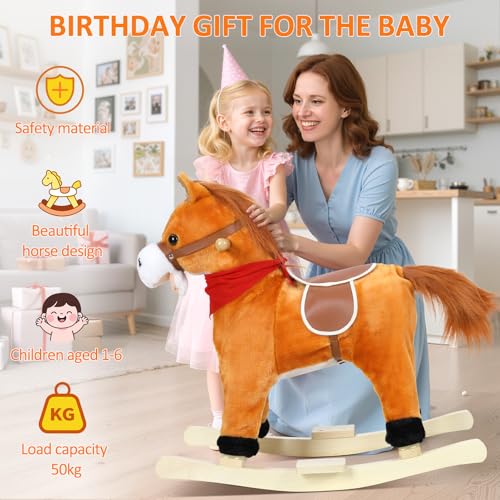 Bluethy Rocking Horse for Toddlers Ages 1-6, Plush Ride On Toy with Sounds Moving Mouth & Wagging Tail, Interactive Wooden Rocker for Kids, Baby Rocking Chair Toys up to 120kg (Light Brown Small)