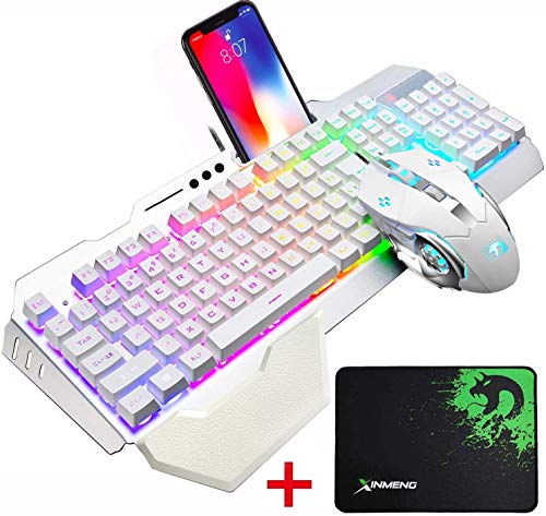 LexonElec K618 Gaming Clavier et Souris Ensembles filaires 104 Touches Repose-Mains Jaune LED Clavier USB Gamer rétro-éclairé + Optique 2400DPI Jeu Souris + Tapis de Souris pour Ordinateur Portable