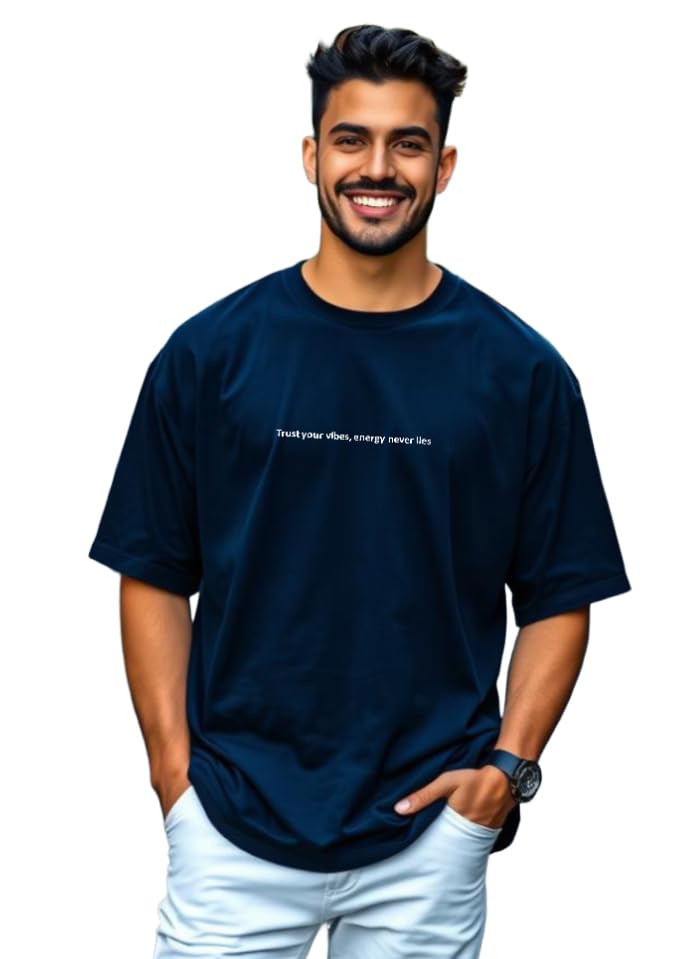 Men Oversized Printed Round Neck Cotton Blend Navy T-Shirt-image-39