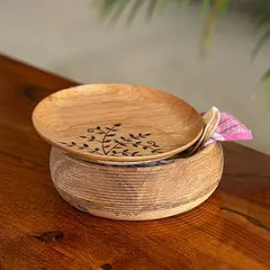 ExclusiveLane 'Burnt Leaf' Wooden Chapati Box for Kitchen with Lid |Handcrafted Wooden Roti Box for Kitchen Chapati Casseroles Wooden Serving Casseroles Serveware (Mango Wood, 8.2 inch, 1080 ML)