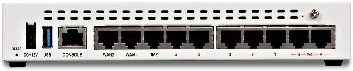 പിൻഭാഗം view of the Fortinet FortiGate-60E-POE appliance, showing power input, USB, console, and network ports.