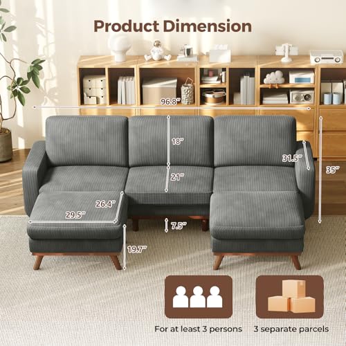 Image of Vesgantti 97 inch Modular Sectional Sofa Dark Gray, U-Shaped Couch with Movable Ottoman, Comfy Corduroy Couch with Spring Cushion, Modular Sofa with Deep Seat for Living Room, Bedroom and Apartment