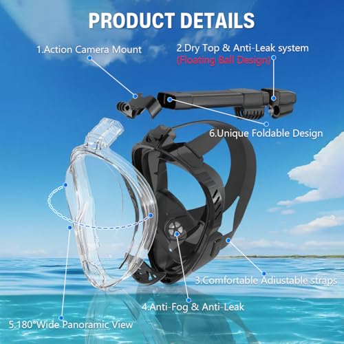 Image of Proberos Full Face Snorkel Mask for Teens & Adult, 180 Degree Panoramic HD Anti Fog Snorkeling Mask with with Dry Top Breathing System & Camera Mount Rack, for Snorkeling Diving Sightseeing, Size-S