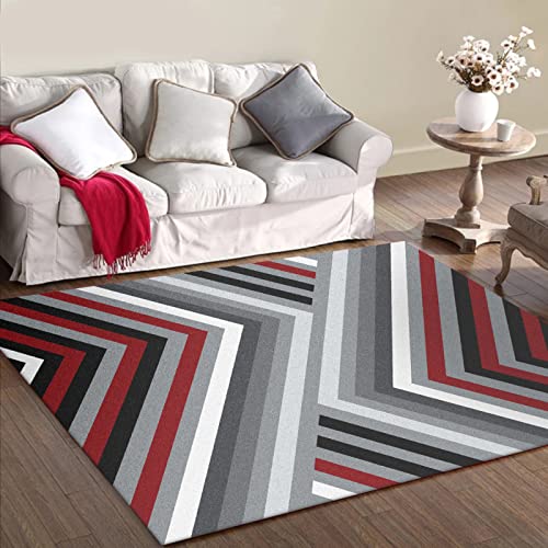 Tapis Grand Moderne Mode Gris foncé Rouge Noir et Blanc Lignes Simples géométriques asymétriques Tapis de Salon Tapis Déco Rectangle Antidérapant Lavable 70X140CM