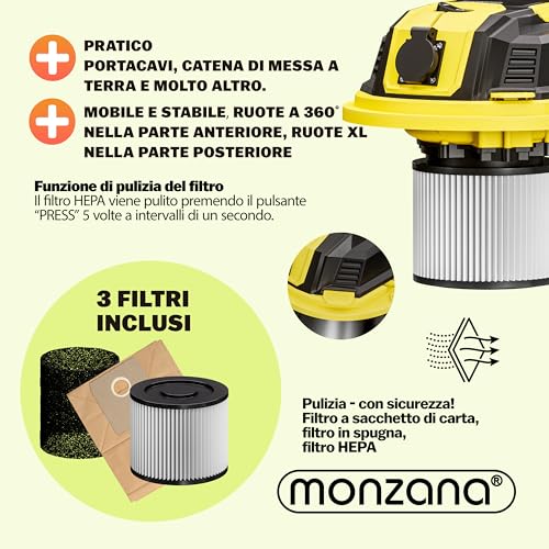 Monzana® Aspirapolvere Liquidi Solidi 30L 2200W Presa Certificata GS Raggio 9m Aspiratore Secco Umido Industriale Acciaio Inox con Funzione di Soffiaggio - 7
