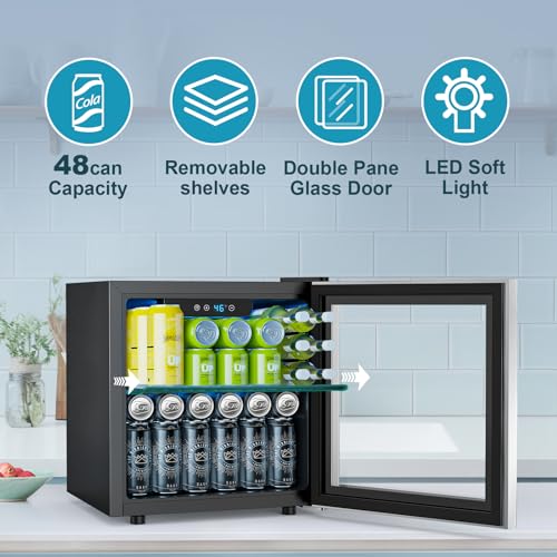 Image of Electactic 48 Can Beverage Refrigerator,12 Bottle Wine Cooler with Stainless Steel Glass Door, Digital Temperature Display, Countertop Mini Fridge for Soda, Wine or Beer, Silver