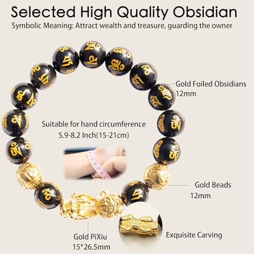Feng Shui Bracelet 24K Gold Plated PiXiu, Colored Eyes Obsidian Dragon Protection Bracelet Meditation Decompression Prayer Beads Lucky Wealth Bracelets for Men Women(12mm)2