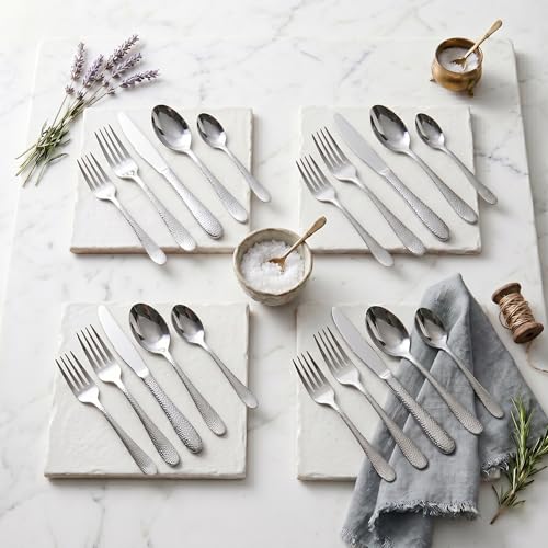 Image of Hammered Sterling Silver Silverware Set | 20-Piece Premium Stainless Steel Flatware Set | Dishwasher Safe Cutlery Set for Home, Restaurant & Gifting